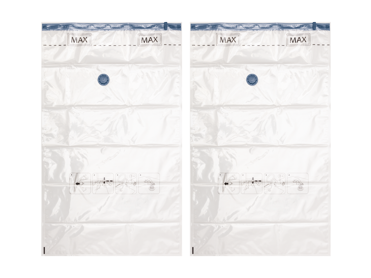 Deux sacs de rangement sous vide transparents avec des instructions d'utilisation.