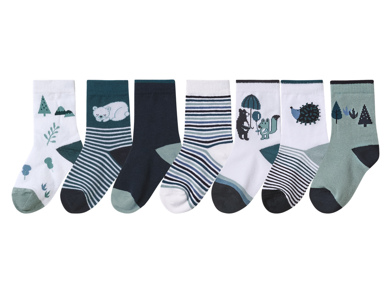 Комплект от седем чифта детски чорапи с горски животни и райета.