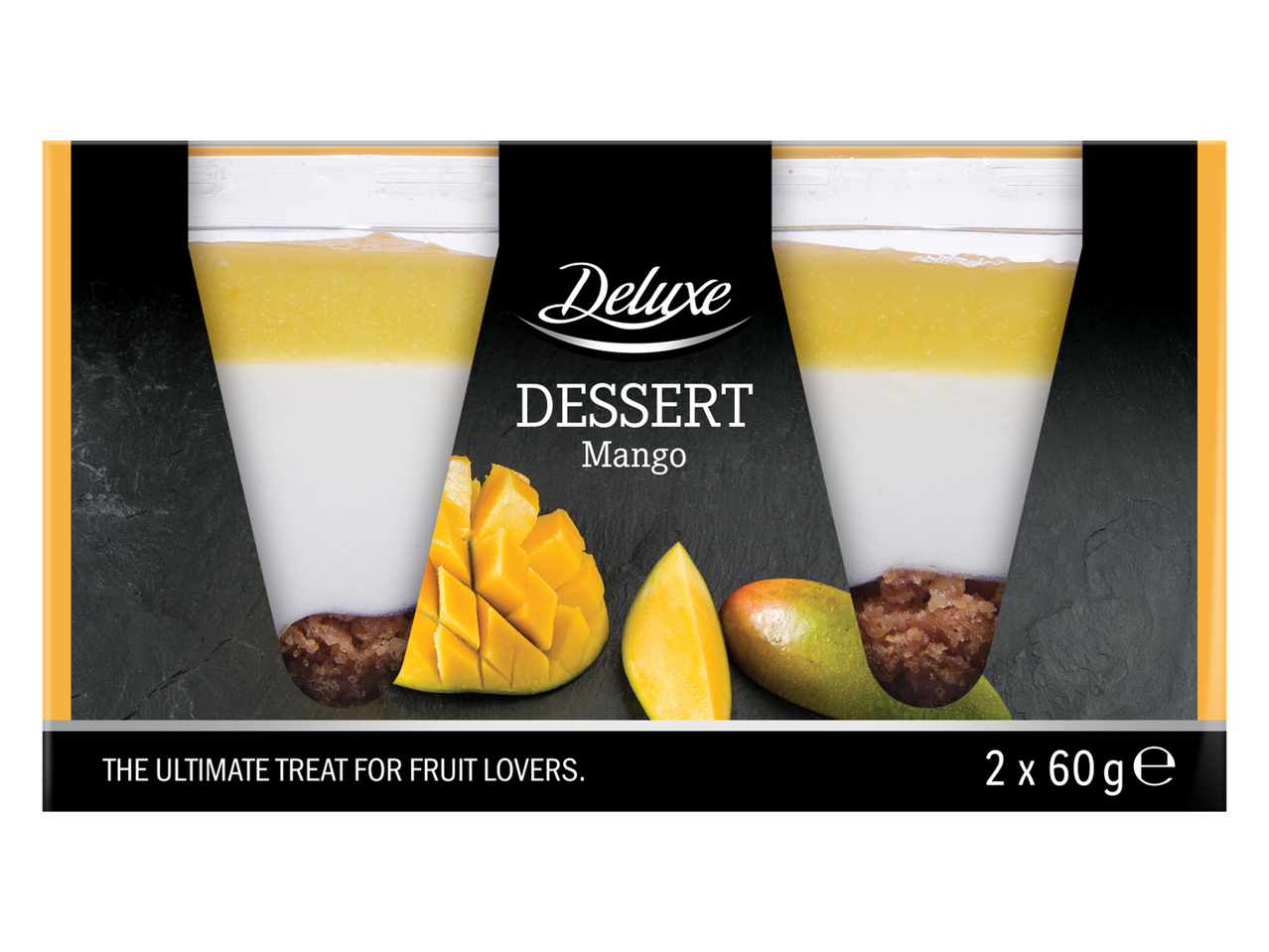 Deluxe Mango magustoit: kaks kihilist mangomagusrooga värskete mangotükkidega.