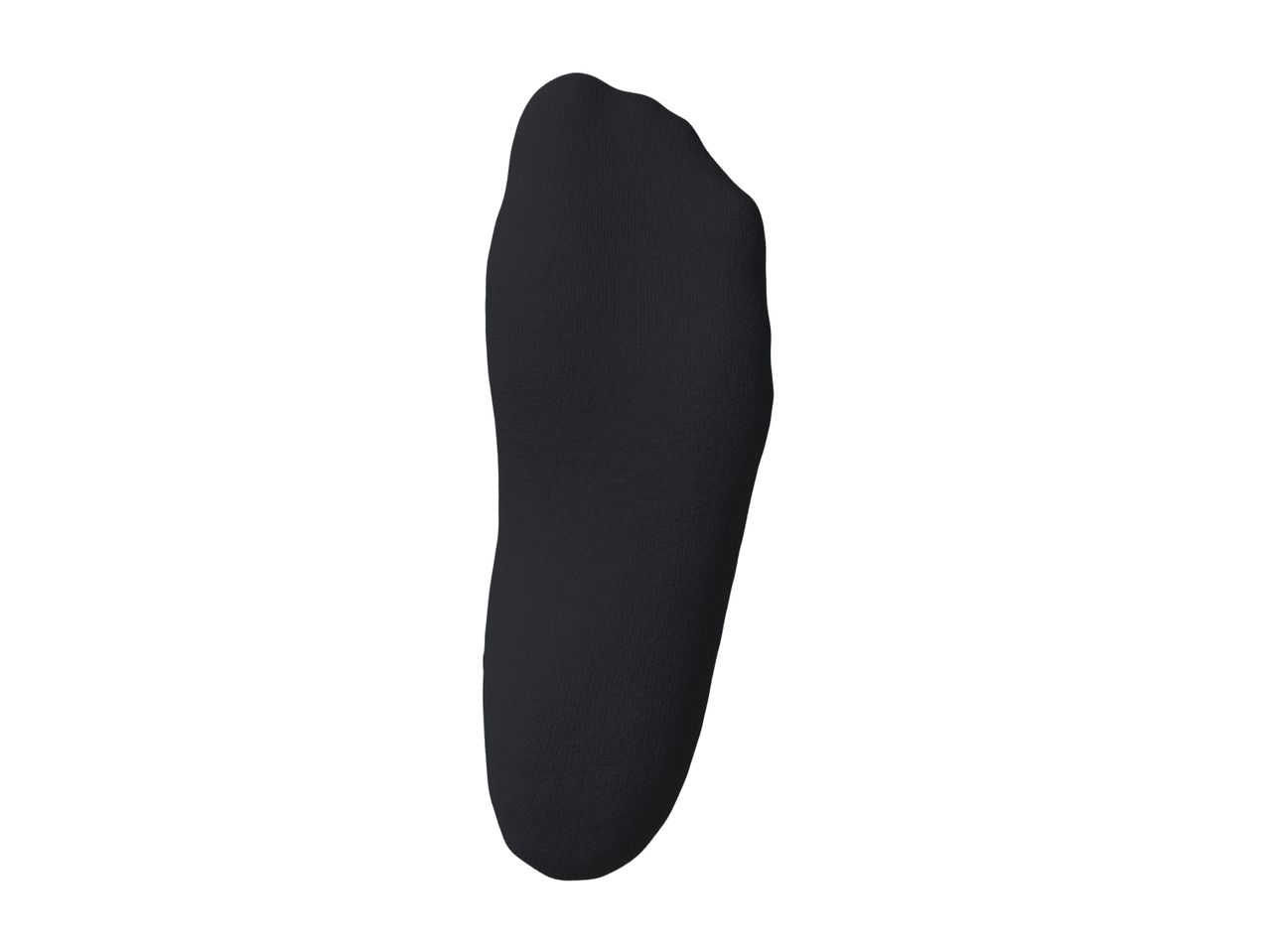A single black sock, viewed from the sole, against a white background.
