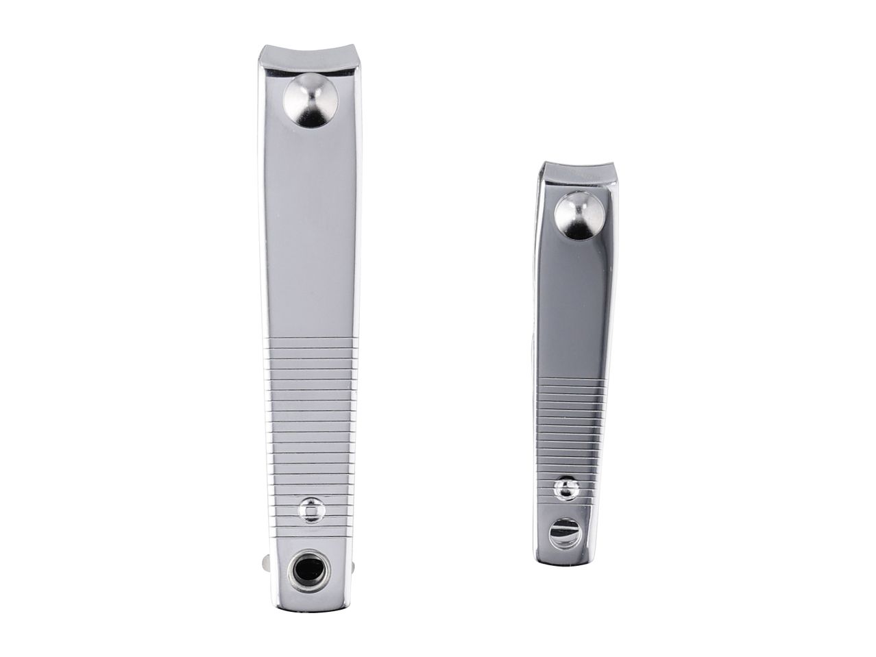 Two metal nail clippers, one larger than the other, are shown against a white background.