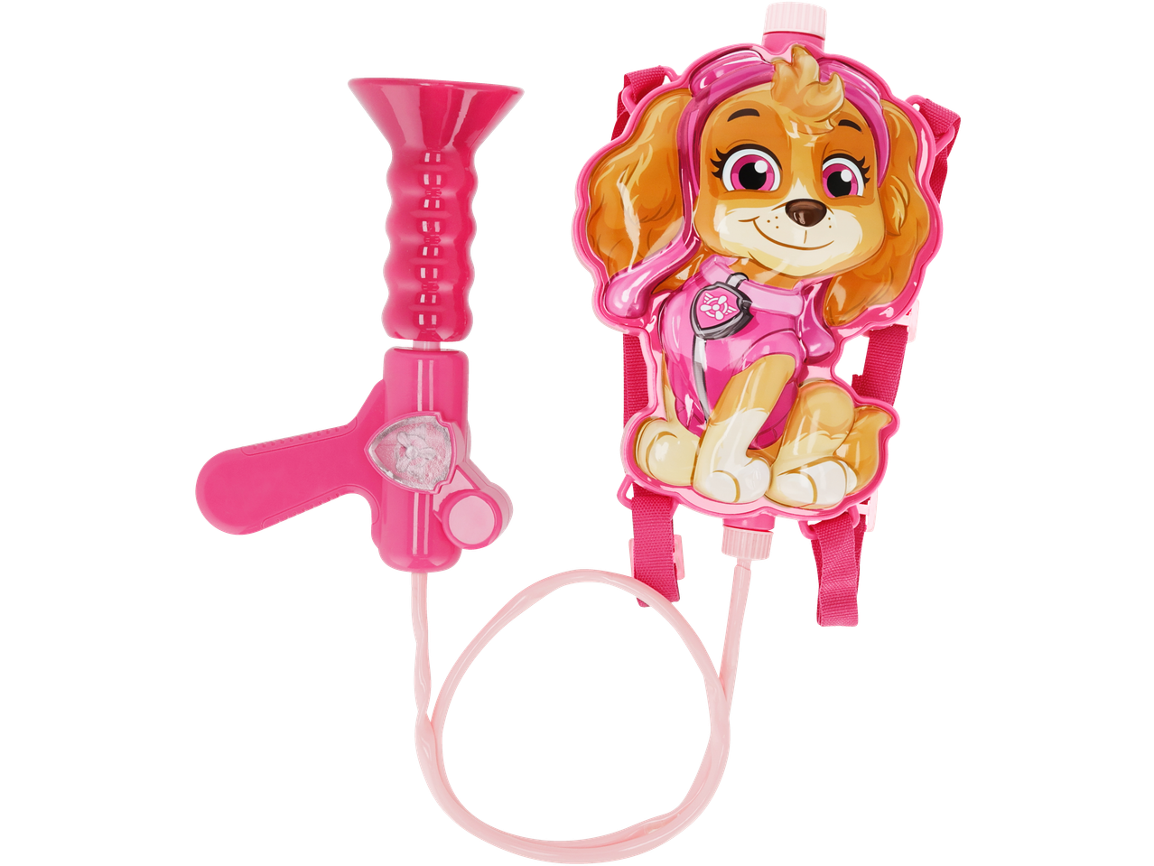 LUPILU vandens pistoletas su rožiniu kuprinės rezervuaru, suformuotu kaip Paw Patrol šuo Skye.