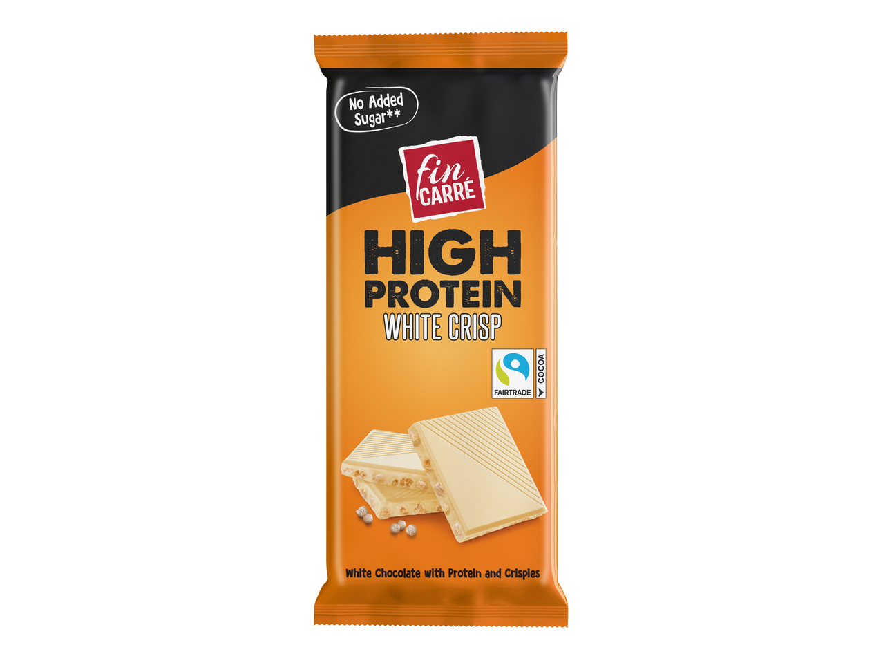 Fin Carre: Magas fehérjetartalmú fehér csokoládé ropogós gabonapelyhekkel, hozzáadott cukor nélkül.