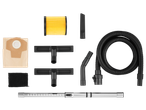 Vacuum cleaner accessories including a hose, extension tubes, various nozzles, filters, and a dust bag.
