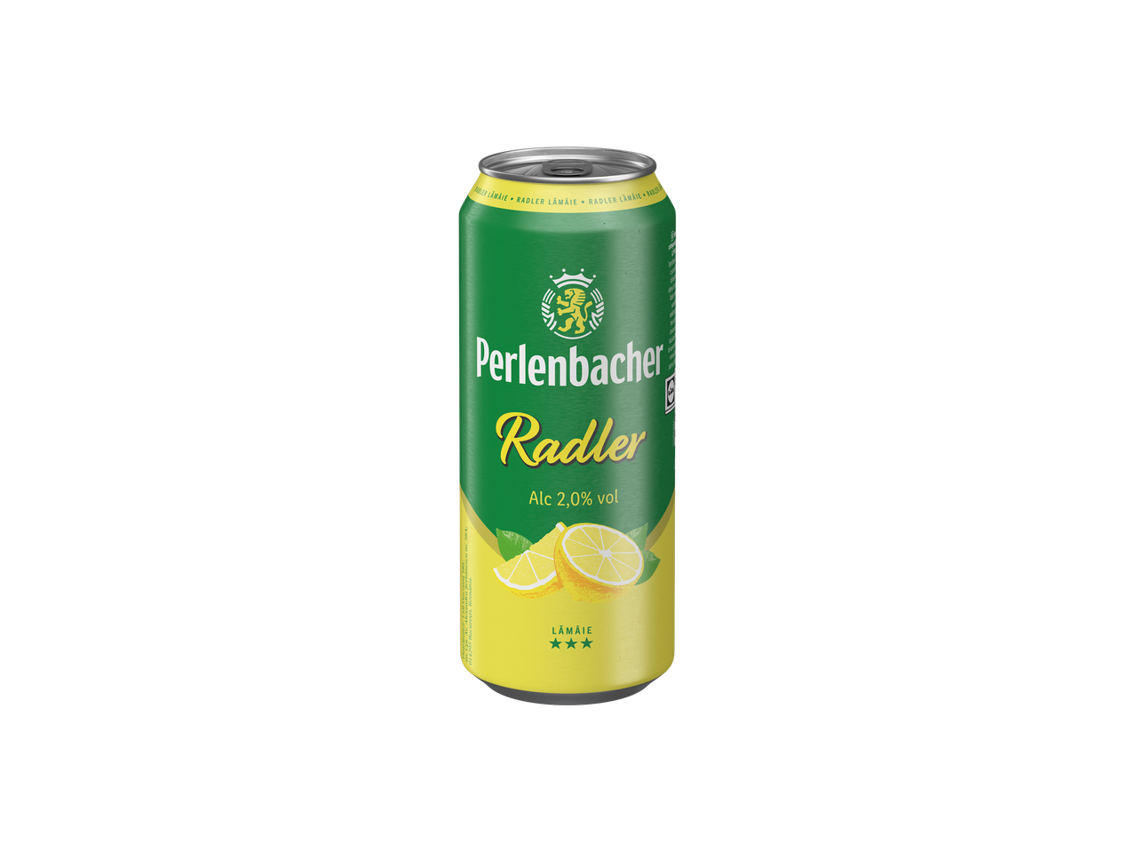 Doză de bere Perlenbacher Radler cu felii de lămâie, 2,0% alcool.