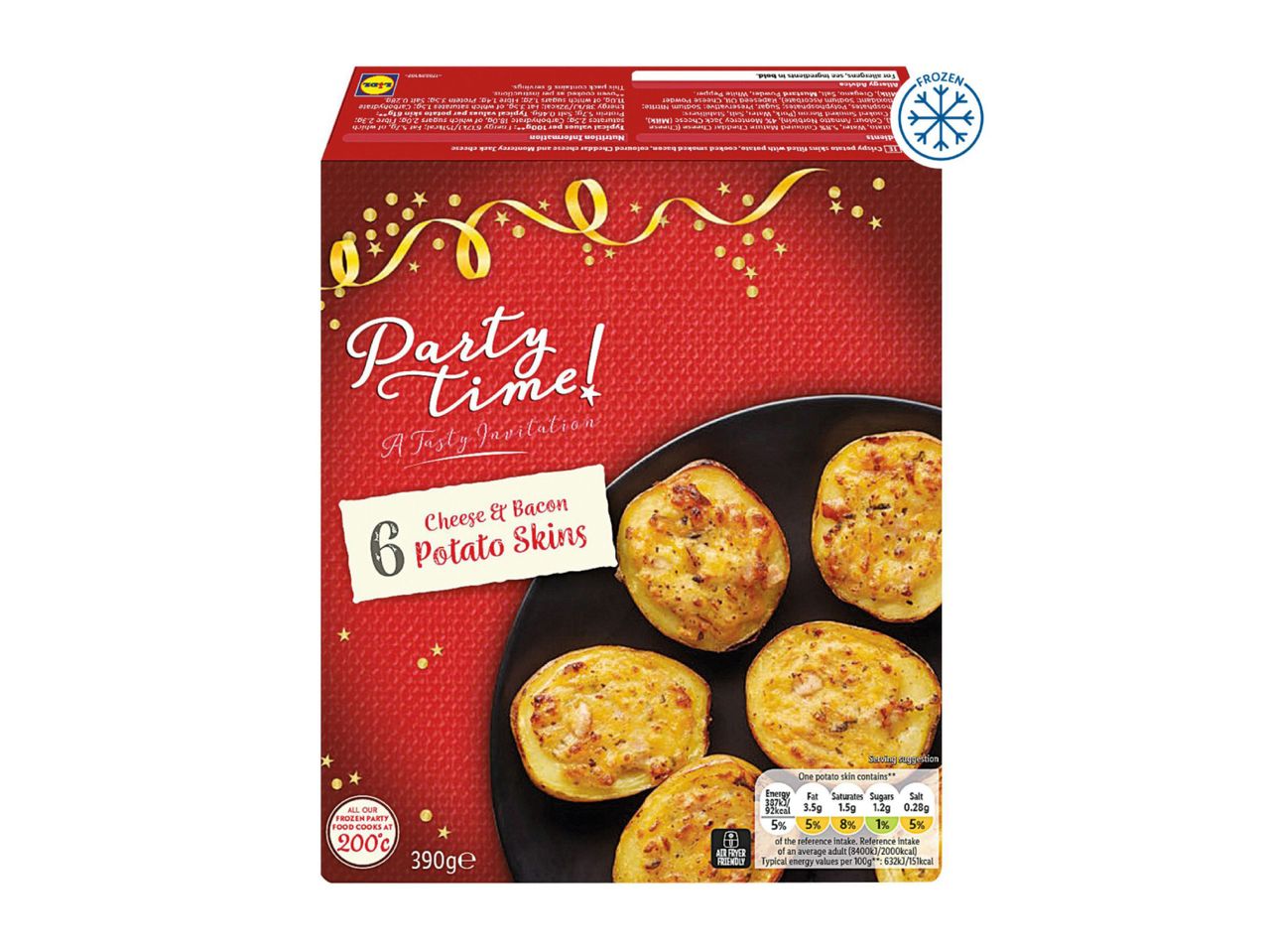 Lidl Party Time! 6 Cheese & Bacon Potato Skins, 390g, frozen, with nutritional information.