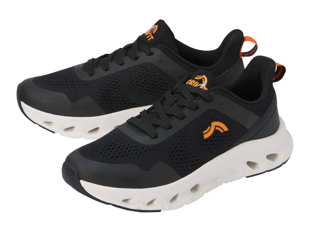 Pair of black and white athletic shoes with orange accents