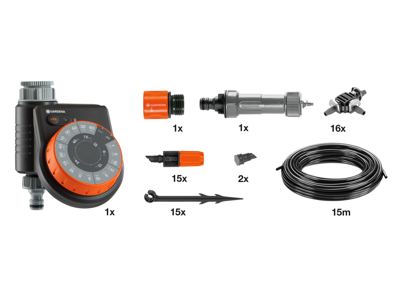 Gardena Bewässerungstimer, Anschlüsse, Tropfer und 15m Schlauch zur Bewässerung.