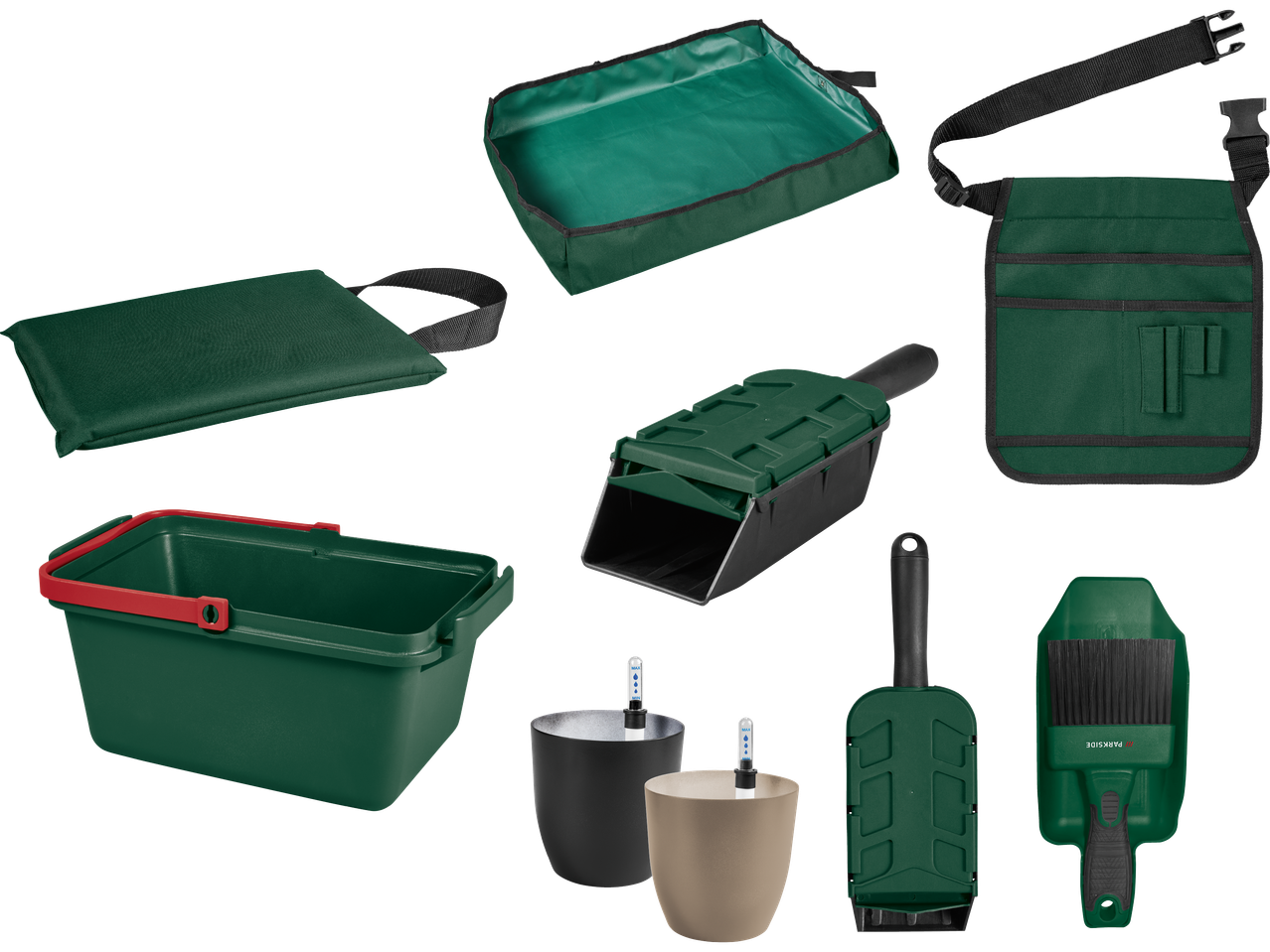 Ett sortiment av trädgårdsredskap i grönt och svart, inklusive en knädyna, en planteringsmatta, en verktygsväska, en hink, en spade, en borste och två krukor med vattennivåindikatorer.