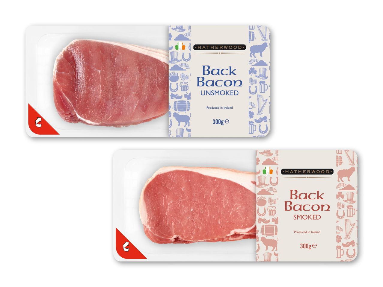 To pakker Hatherwood-bacon, en usmøget og en røget, begge 300g og produceret i Irland.