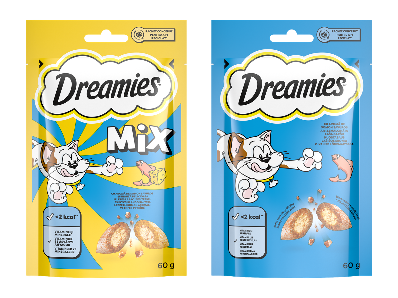 Două pungi de recompense pentru pisici, una galbenă cu 'Mix' și una albastră cu somon.