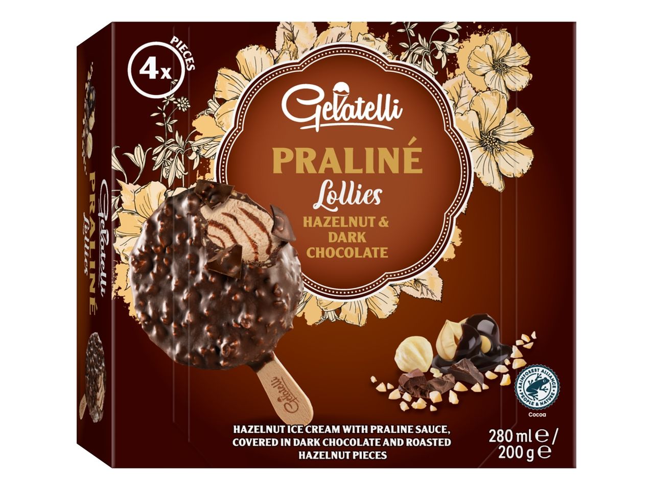 Embalaža sladoleda Calvé Praline s čokoladnim prelivom.