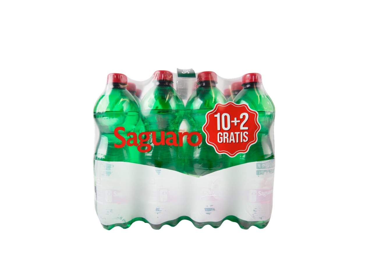 Pakovanje od 12 flaša zelene gazirane vode sa crvenim čepovima, sa natpisom '10+2 GRATIS'.