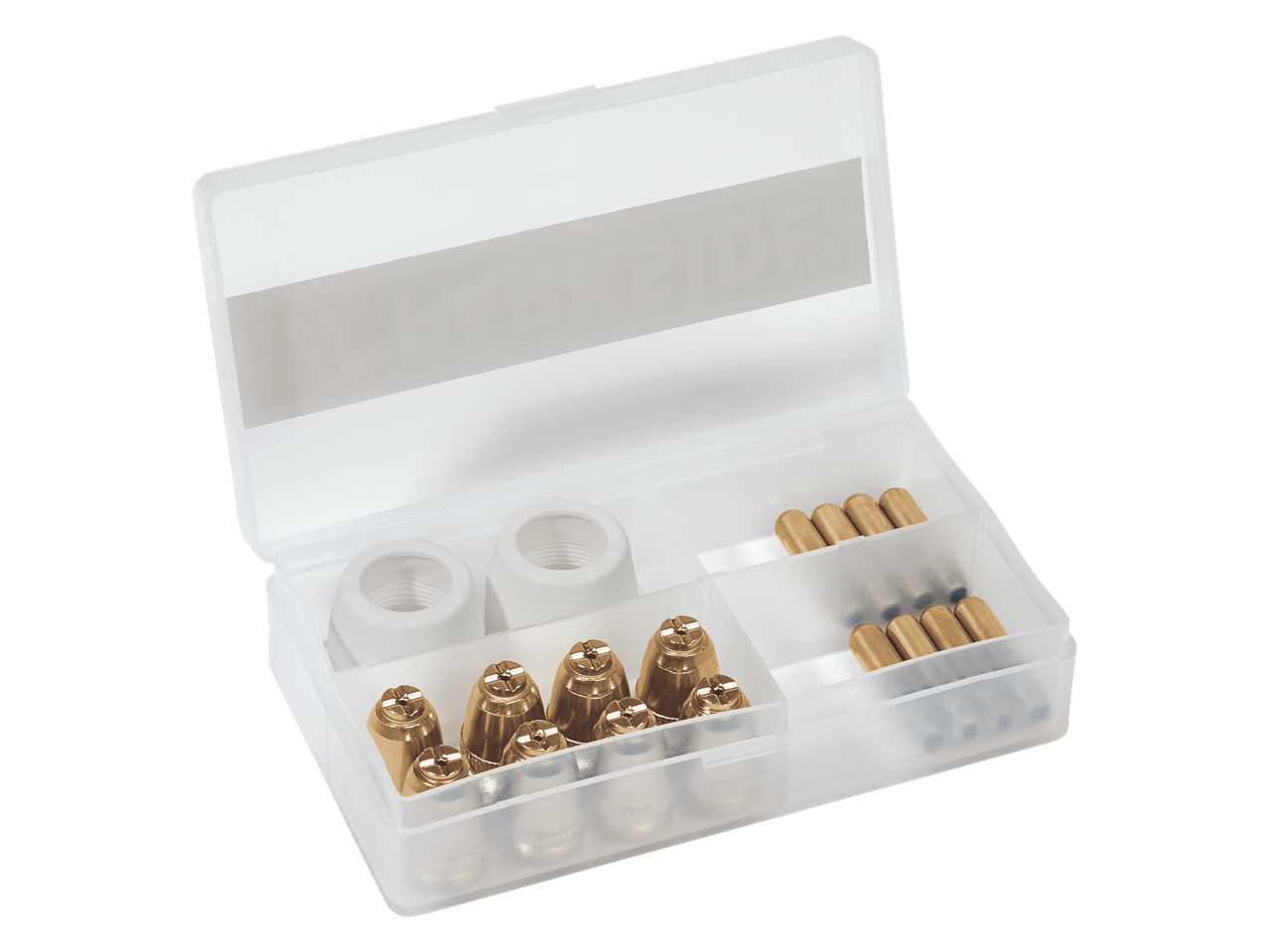 PARKSIDE plasmalõikuri tarvikud karbis, sh düüsid ja elektroodid.