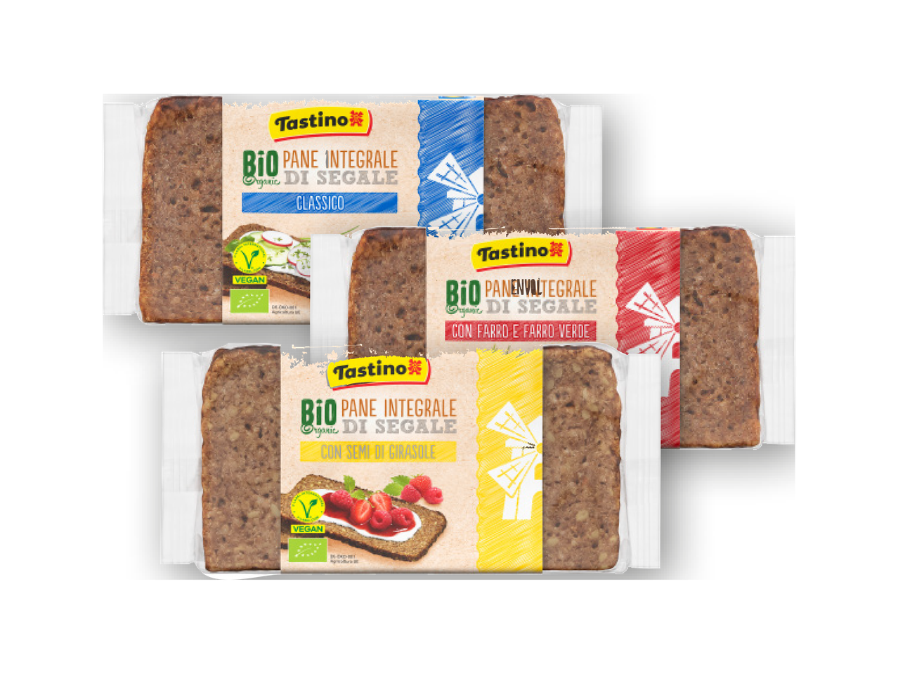 Tre confezioni di pane integrale di segale Tastino, con diverse varianti di gusto.