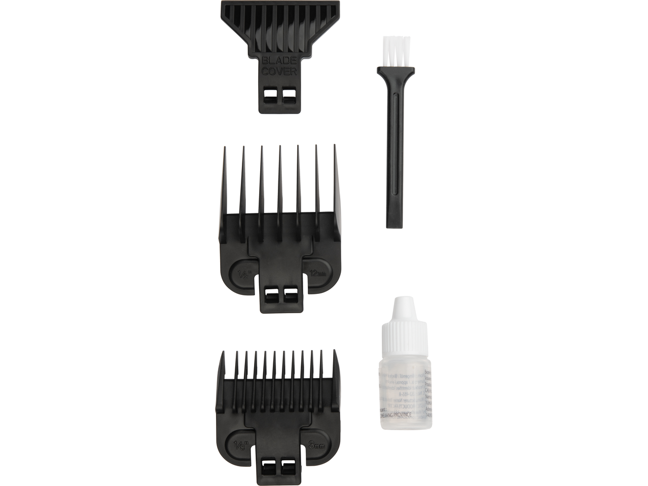 Hair clipper accessories: blade cover, combs (1/8' and 12mm), cleaning brush, and lubricating oil.