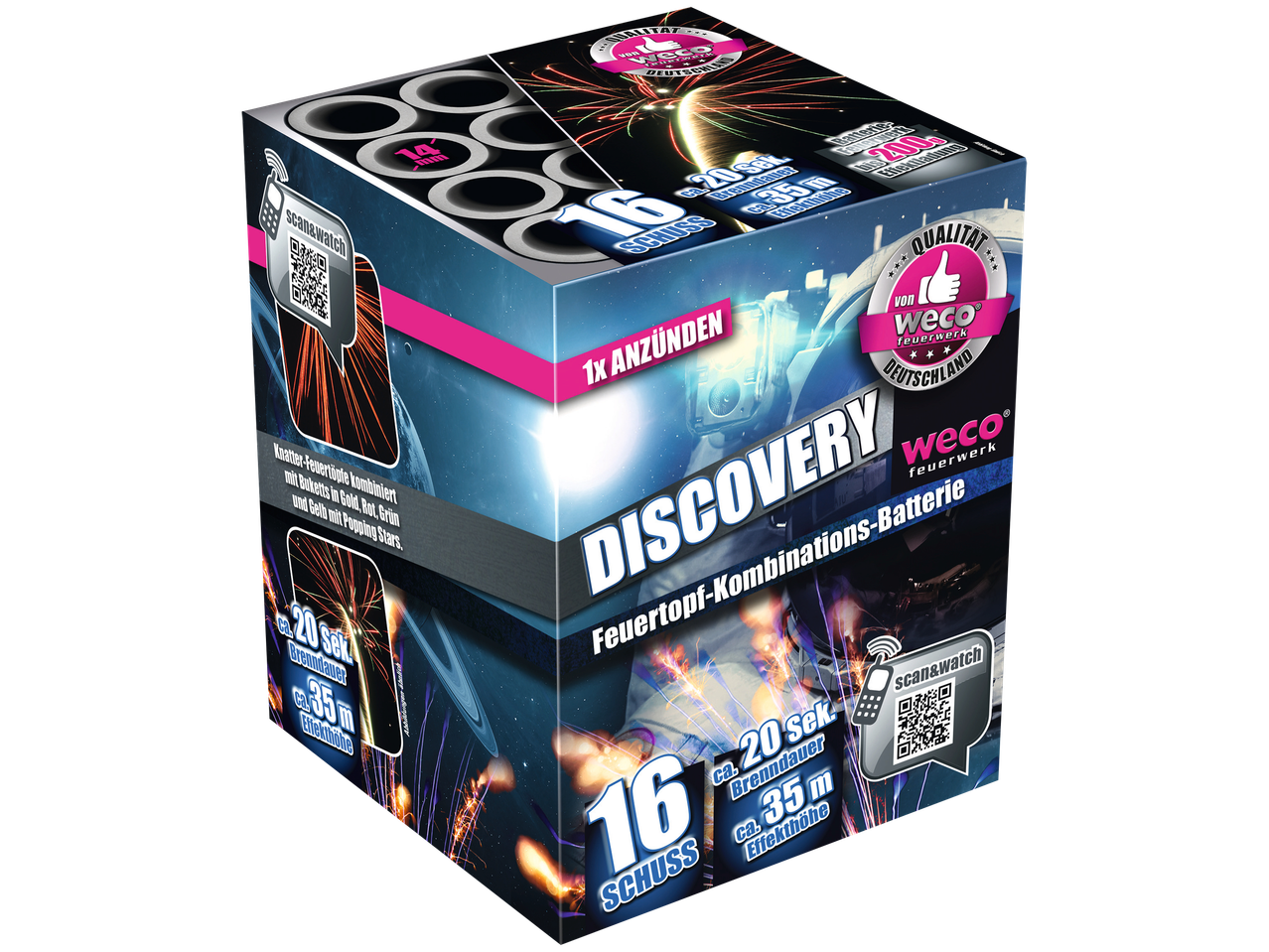 Weco „Discovery“ Feuerwerksbatterie mit 16 Schuss, 20 Sekunden Brenndauer und 35m Effekthöhe.