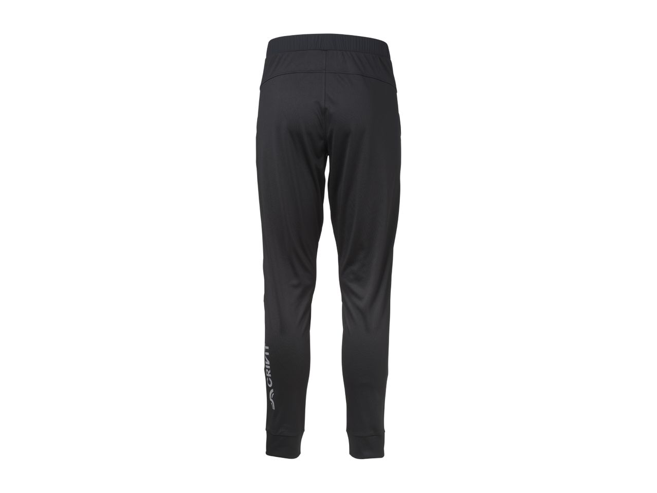 Black men's sports trousers with a reflective logo on the left leg.