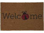 Brown coir doormat with 'Welcome' text and a ladybug design.