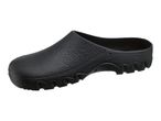 Black slip-on clog with a textured upper and a wavy sole