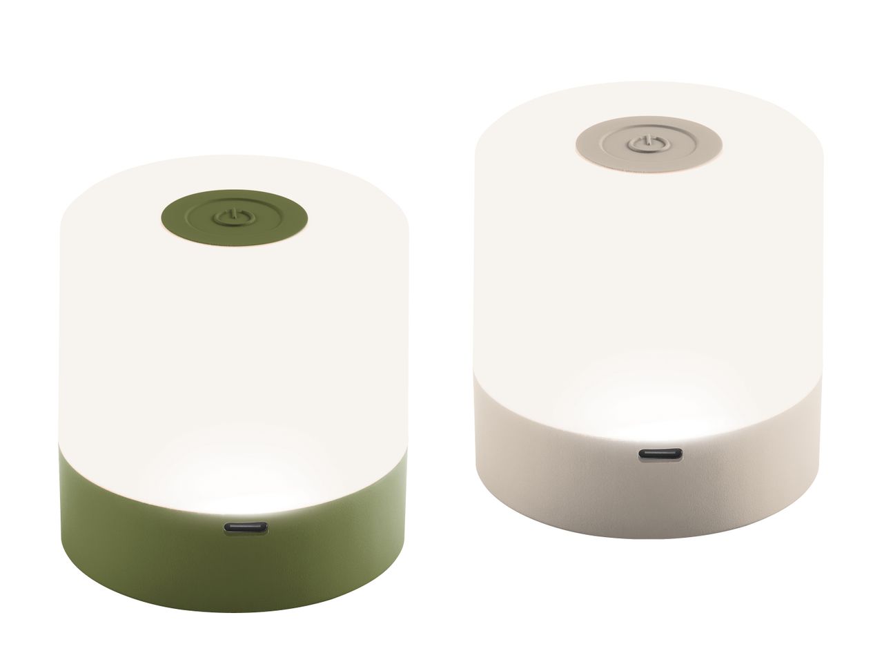 Zwei tragbare LED-Nachttischlampen in Grün und Beige mit USB-C-Anschluss.