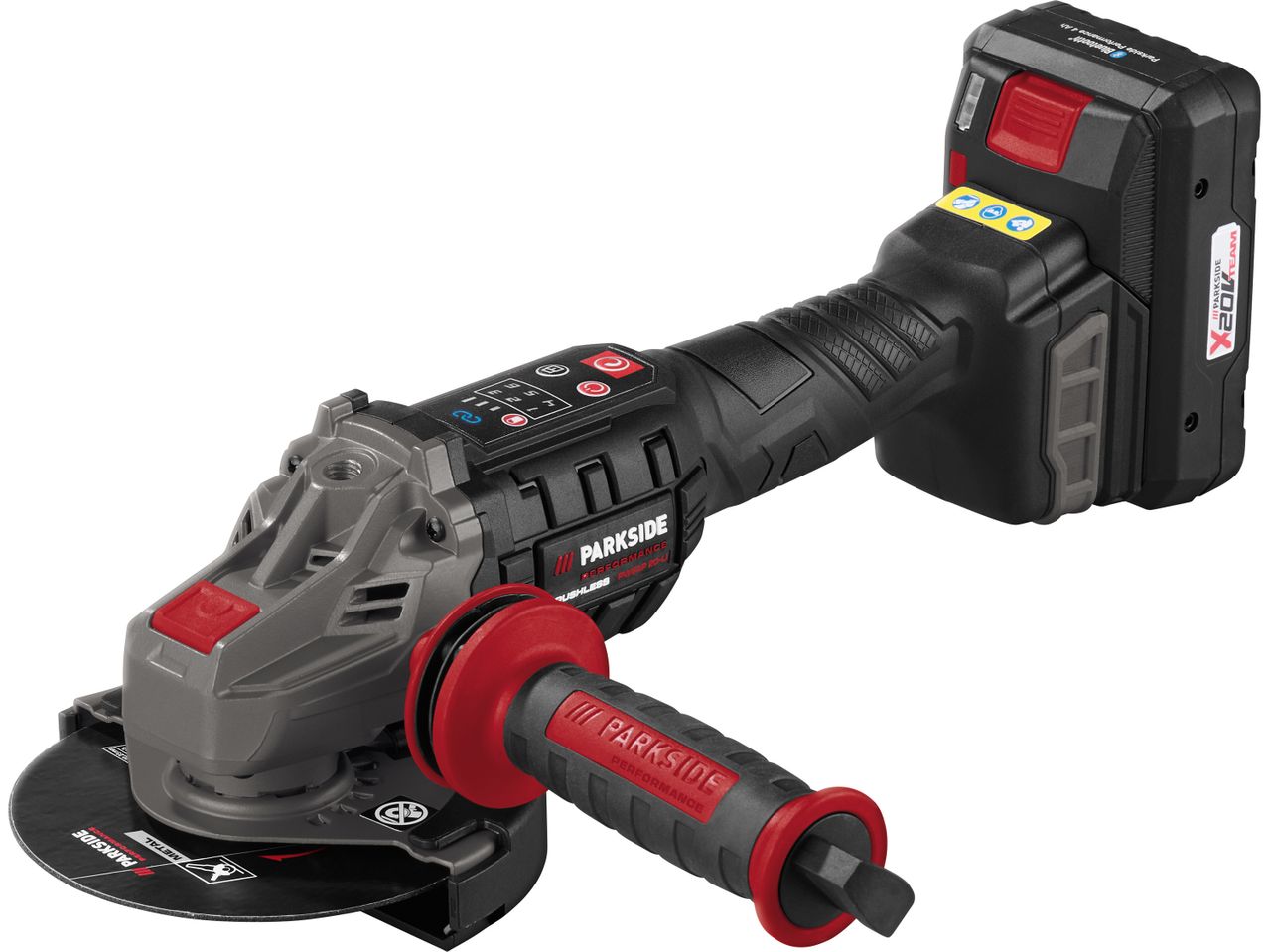 A Parkside Performance cordless angle grinder with a 20V battery.
