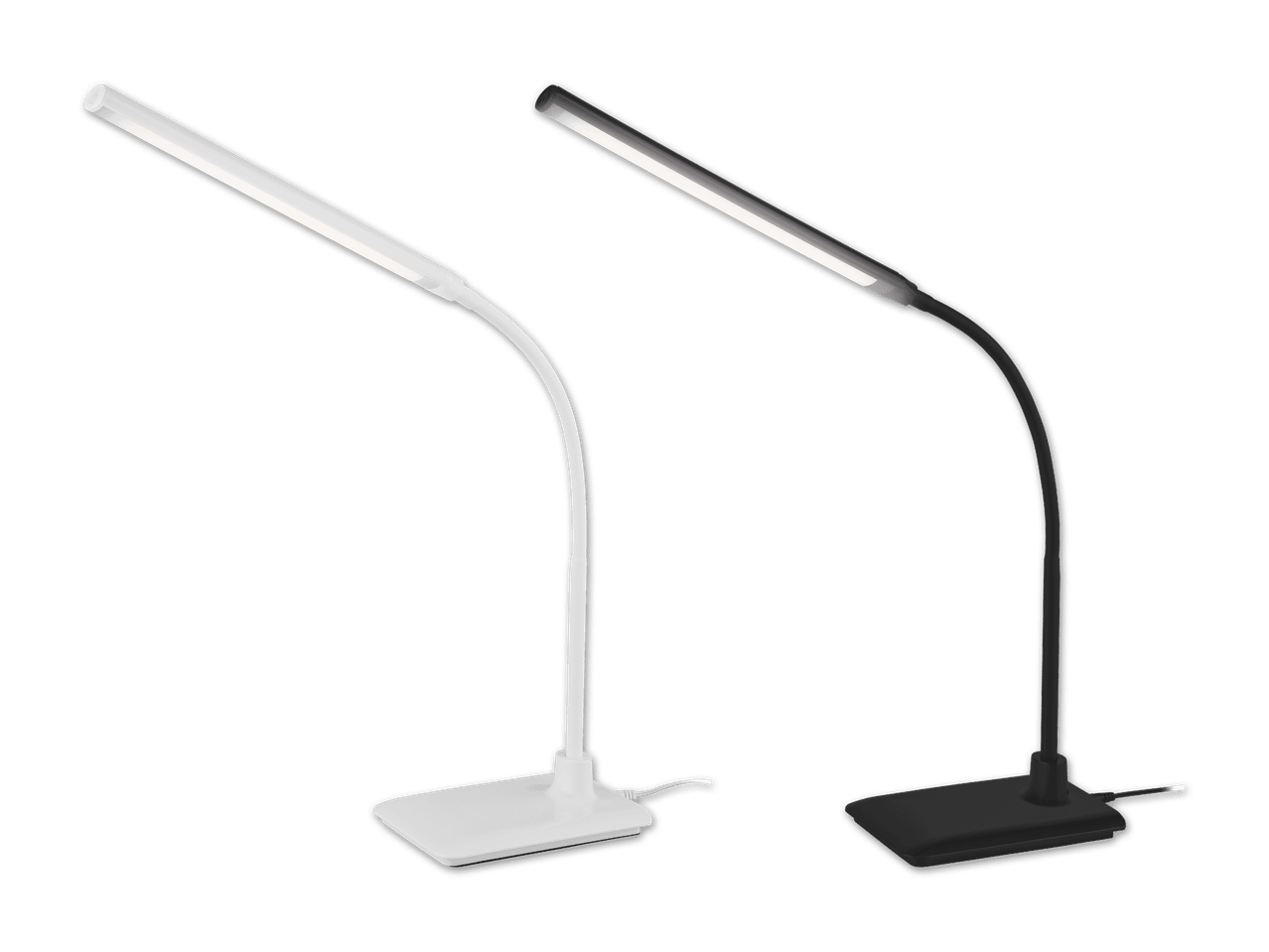 Zwei moderne LED Schreibtischlampen, eine in Weiß und eine in Schwarz.
