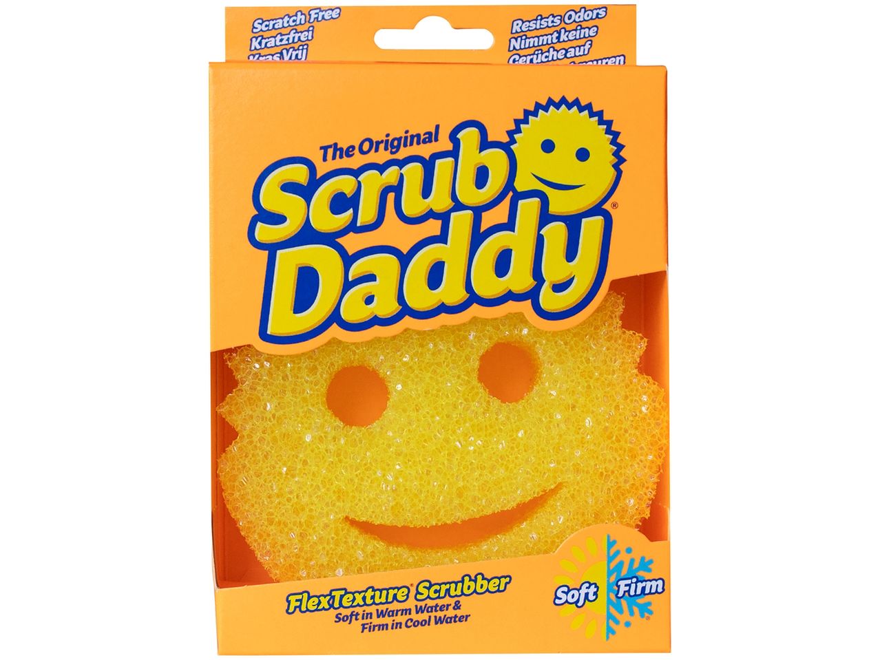 A package of Scrub Daddy cleaning sponges, featuring a smiley face design.