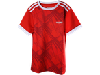 Red kids' training jersey with white stripes on shoulders and sleeves, and a subtle geometric pattern.