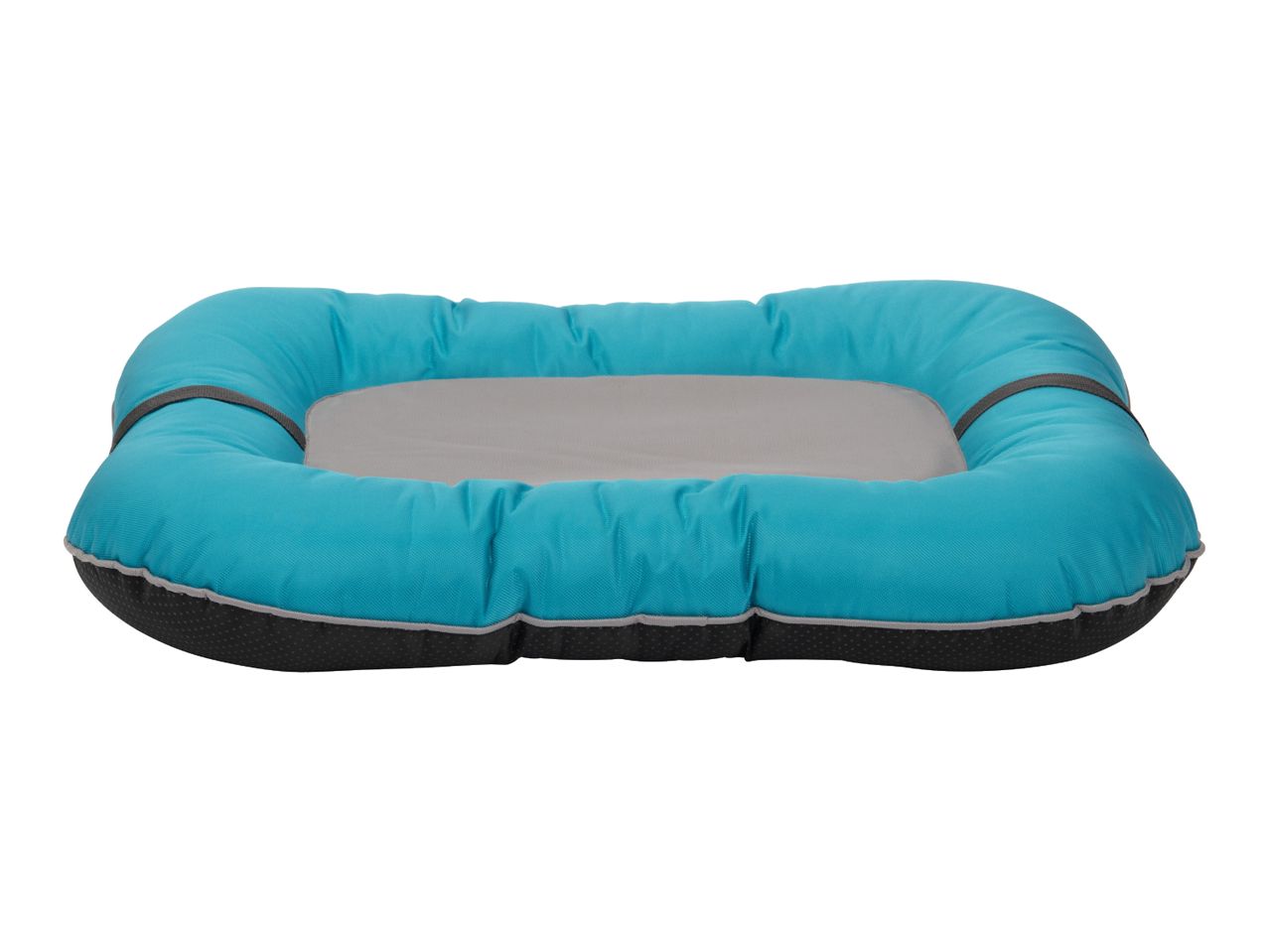Rectangular pet bed with a blue padded rim and a grey sleeping surface.