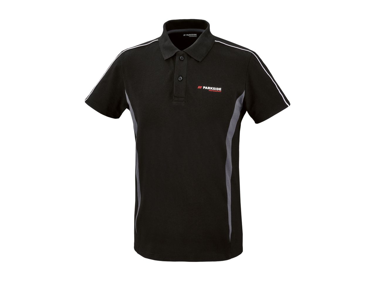 A black Dri-FIT polo shirt with gray side panels.