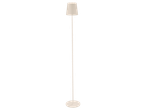 Lange, beige staande lamp met een cilindrische kap.