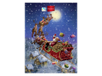 Calendario dell'Avvento Favorina con Babbo Natale e le sue renne che volano su un villaggio innevato.