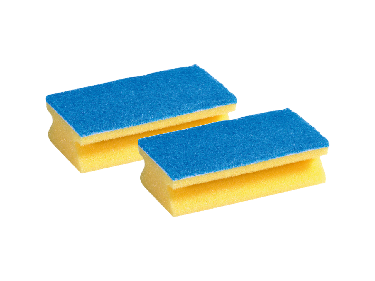 Dvije žute spužve za pranje posuđa s plavom abrazivnom stranom.