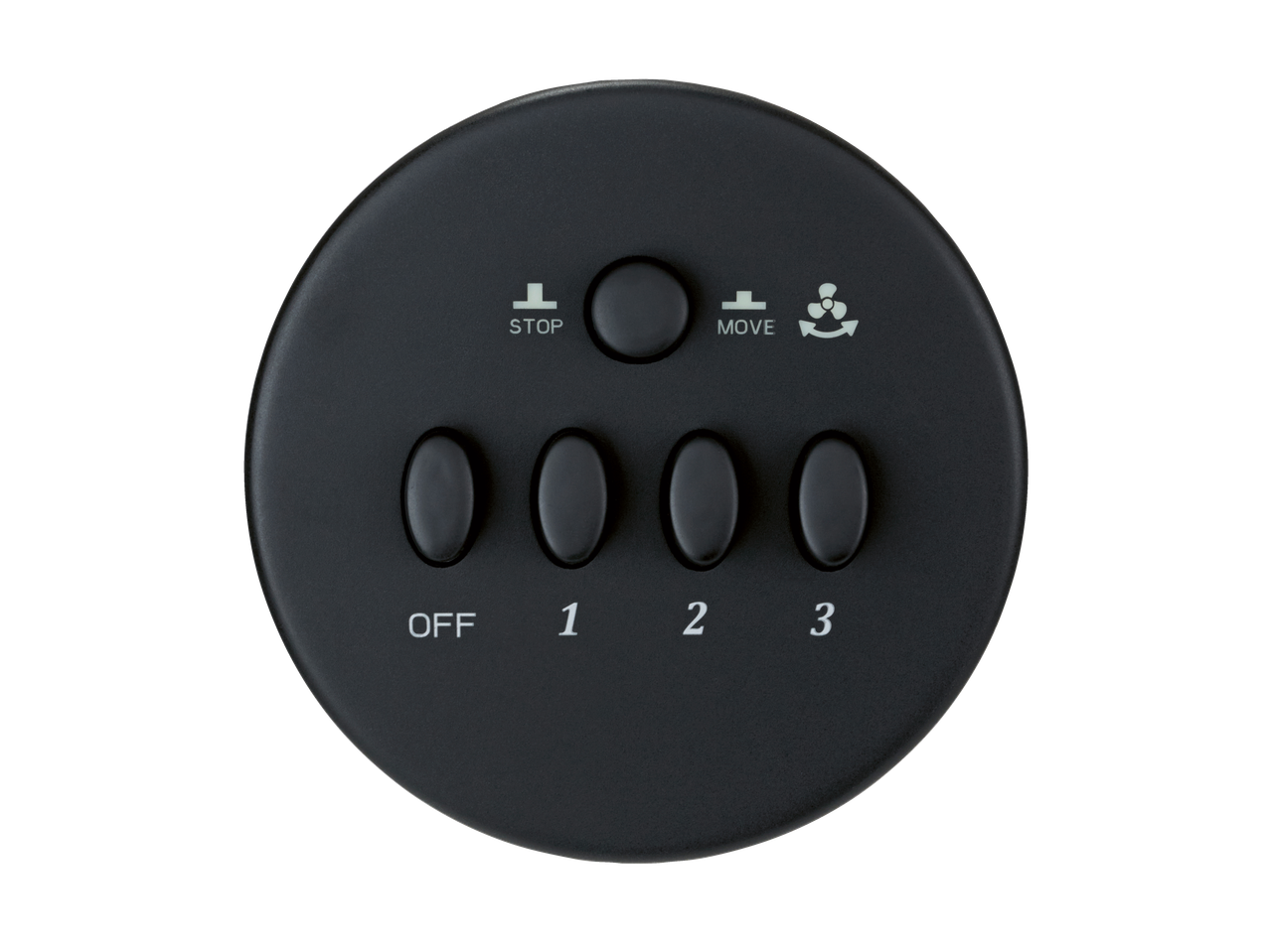 Black circular fan control panel with buttons for stop, move, fan speed (off, 1, 2, 3).