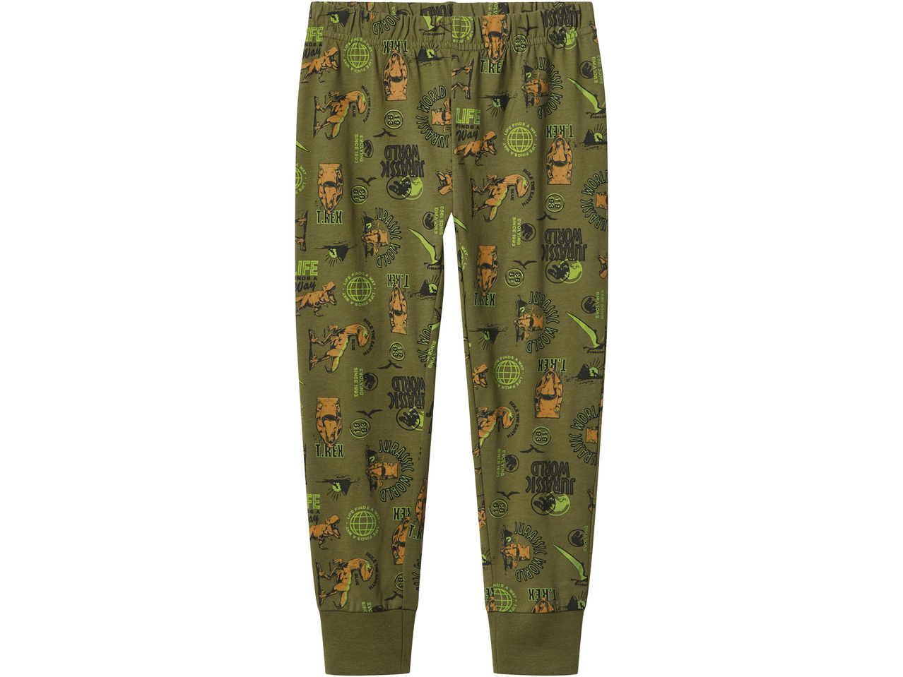 Maslinasto zelene pidžama hlače s uzorkom Jurskog svijeta i dinosaurima.