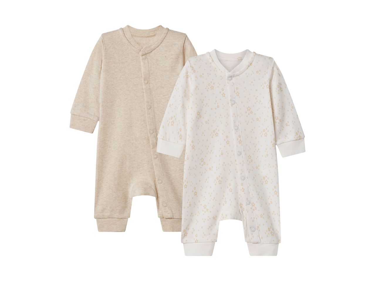 Two baby sleepsuits, one beige and one white with gold stars.