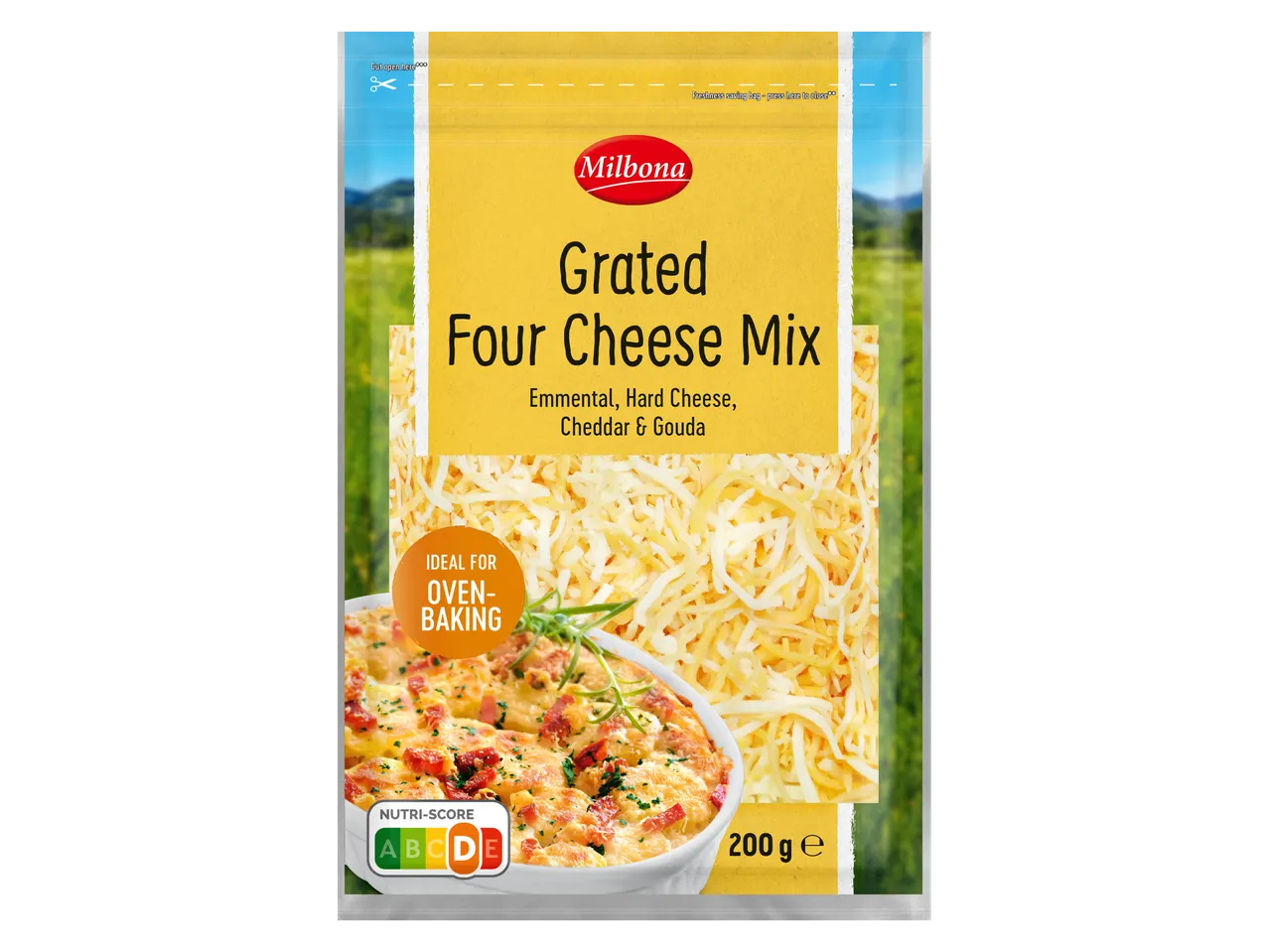 Milbona's geraspte vierkazenmix van 200g, ideaal voor ovengerechten, bevat Emmental, Cheddar, Gouda en harde kaas.