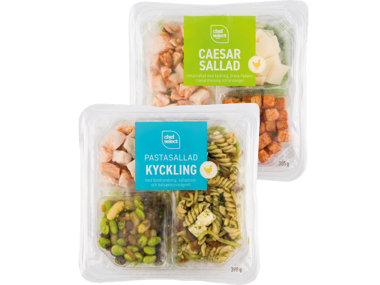 Två färdiga måltider: Caesar sallad och kyckling.