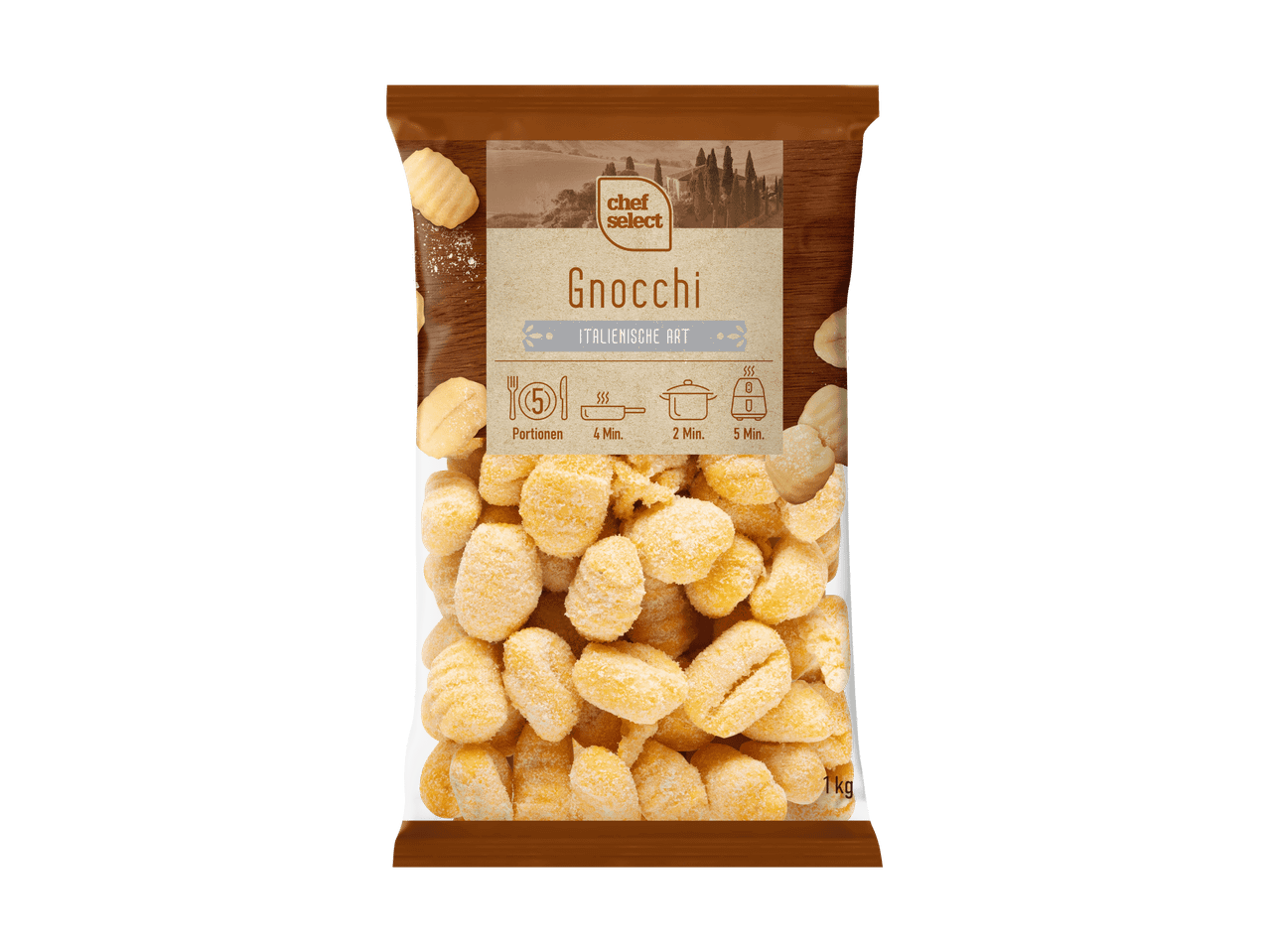 Eine Packung Chef Select Gnocchi mit Kochhinweisen und Mengenangabe.