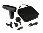 A black massage gun with various attachments, a carrying case, and a charging cable.