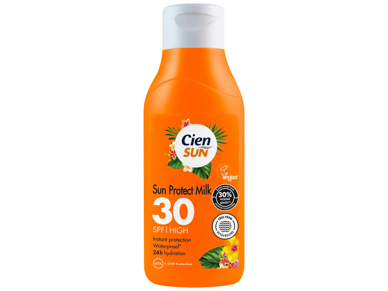 Lapte solar Cien Sun SPF 30: protecție ridicată, rezistent la apă, hidratare 24h.