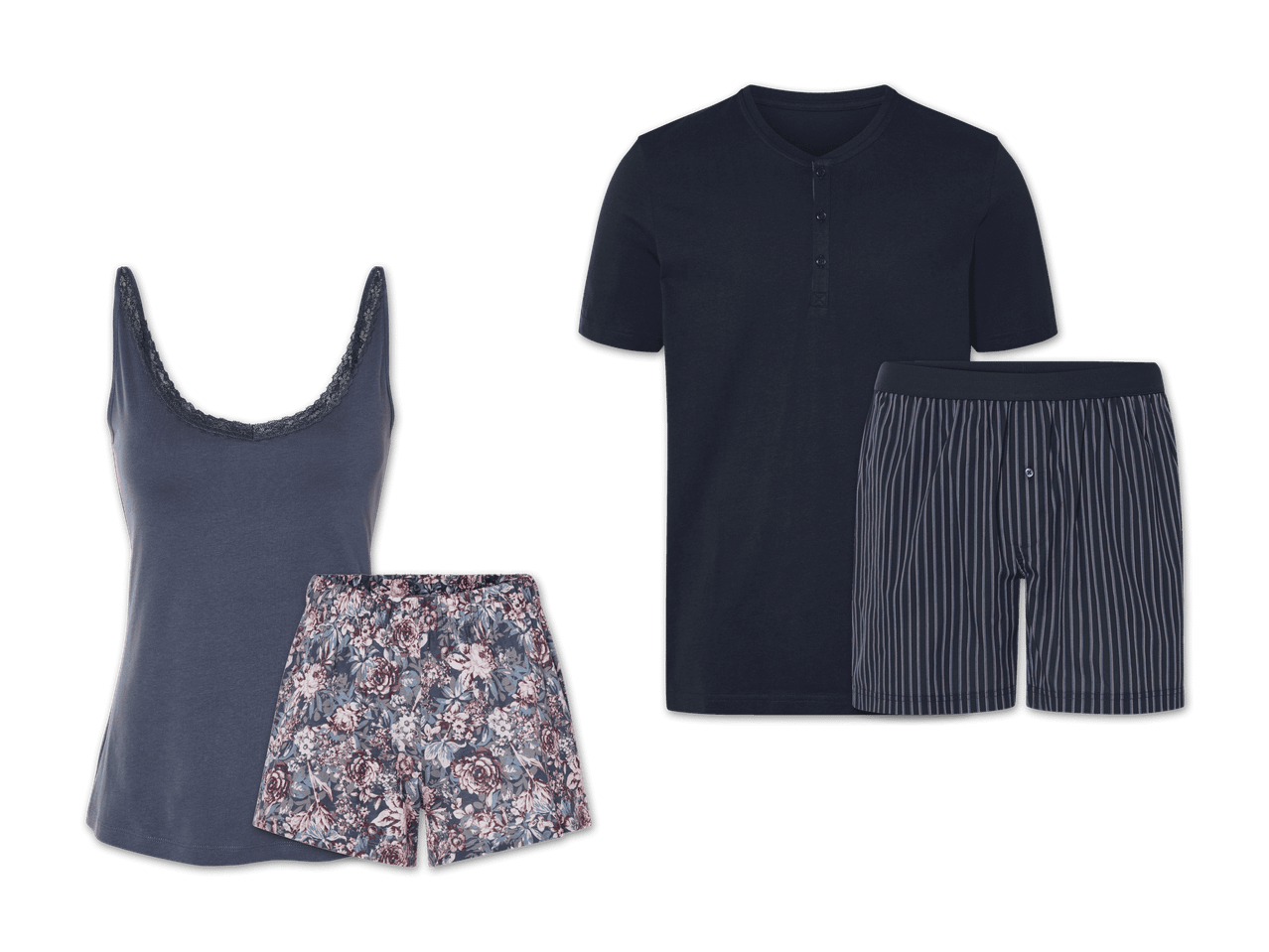 Damen- und Herren-Pyjamas: Sie besteht aus einem Tanktop und Shorts mit Blumenmuster, er aus einem Hemd und gestreiften Shorts.