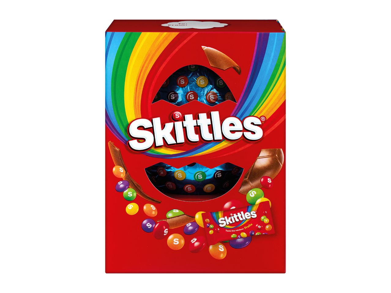 Red box with a rainbow design, Skittles logo, and colorful candies spilling out.