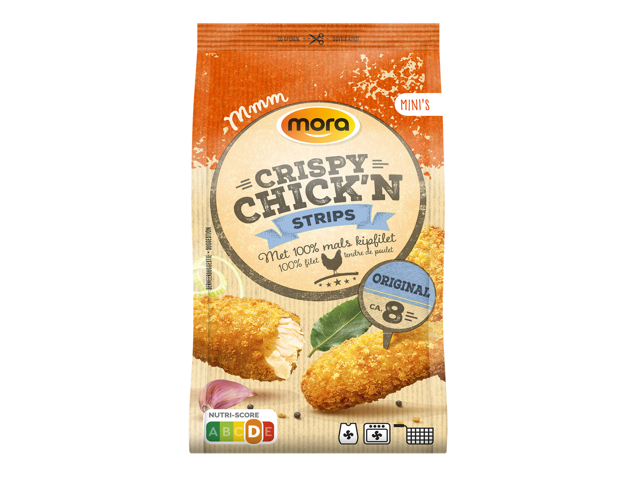 Verpakking met krokante kipstrips, met de tekst 'Crispy Chick'n Strips' en 'Met 100% mals kipfilet'.