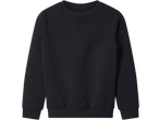 Plain black kids' sweatshirt with ribbed collar, cuffs, and hem