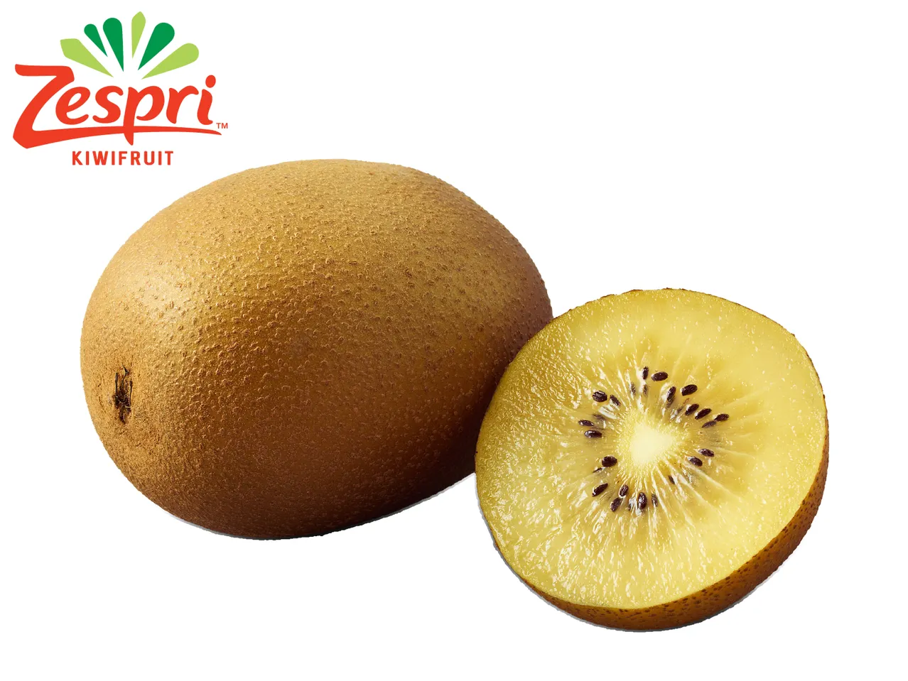A whole and a halved golden kiwifruit on a white background.