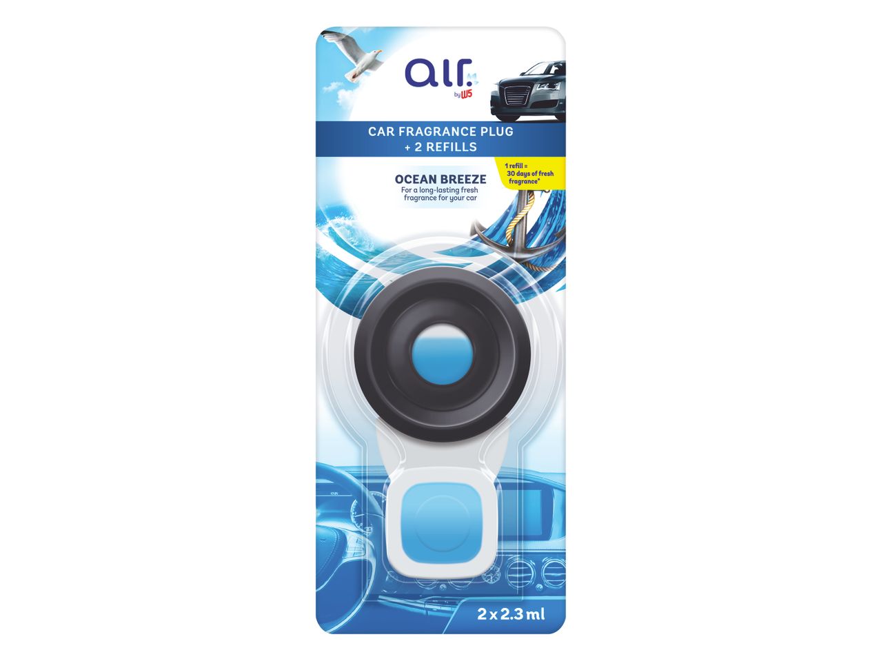 Air Wick car air freshener in a blue and white package.