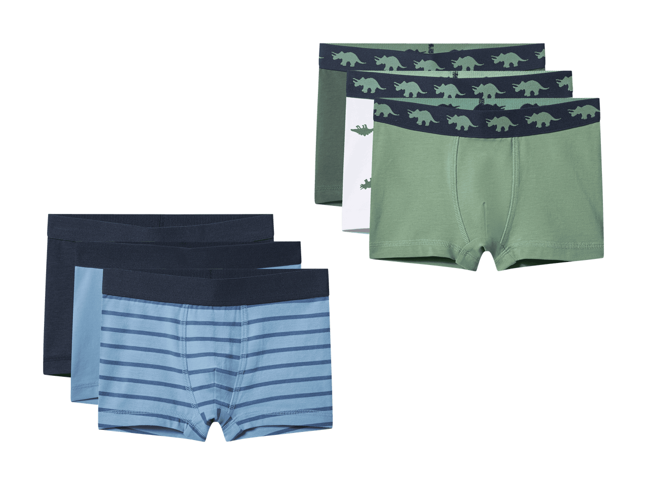 Plusieurs boxers pour enfants, dont des verts à dinosaures et des bleus rayés.