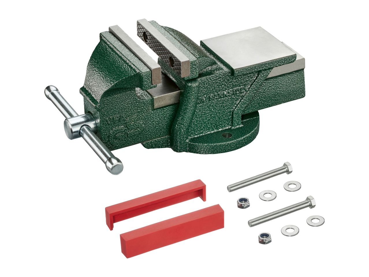 Green bench vise with red jaw pads, bolts, washers, and nuts.